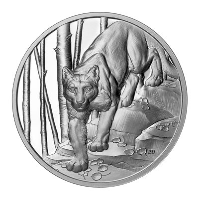 A picture of a 1 oz Ultra-High Relief Great Hunters: Cougar Silver Coin (2024)